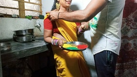 Sensual wife gets colorful during Holi celebration in the kitchen